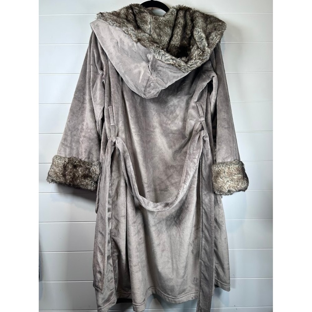 Pottery‎ Barn Hooded Faux Fur Trim Plush Robe Spa Bath Lounge Small - Picture 6 of 12
